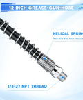 12 inch hose from 8 Piece Grease Gun Fittings Kit With 90 Degree Coupler And Sleeves, Grease Needle Dispenser, Two Needle Nozzles, Zerk Fitting Cleaner For Quick Easy DIY Maintenance.