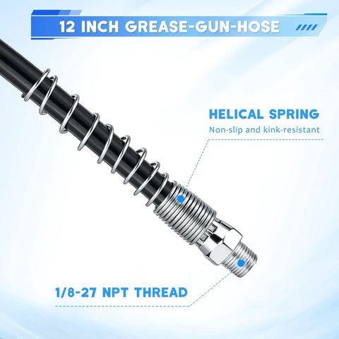12 inch hose from 8 Piece Grease Gun Fittings Kit With 90 Degree Coupler And Sleeves, Grease Needle Dispenser, Two Needle Nozzles, Zerk Fitting Cleaner For Quick Easy DIY Maintenance.