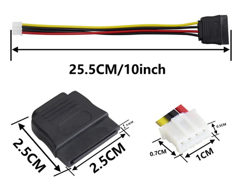 4Pack PH 2.0mm 4Pin to SATA15Pin Power Cable Adapter ITX Cord For Hard Drives 25cm 10inch Length SATA15Pin Female to 4Pin Female, Colorful Set Black Red Black Yellow SATA Power Cable Converter, showing cable with measurement details.