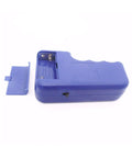 Blue handheld 125KHz RFID copier and duplicator for T5577 and EM4305 cards, side view with open battery compartment