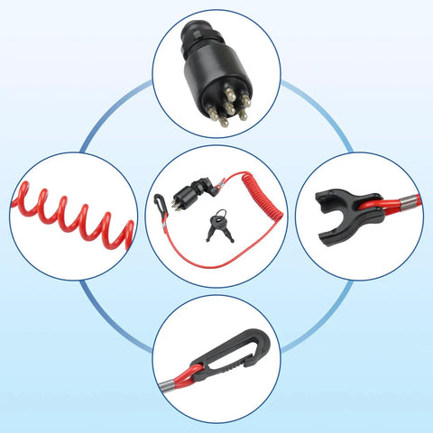 Boat Ignition Key Switch With Safety Lanyard For Johnson Evinrude OMC Outboard Motors 40 200HP Replacement Ignition Switch And Key Lanyard Assembly Easy Install, showing switch and red lanyard.