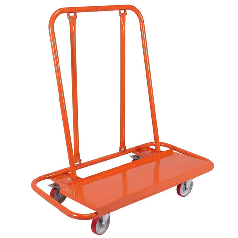Heavy Duty Glass Flatbed Handcart With Detachable Plasterboard Panels shown in orange with steel frame and casters.