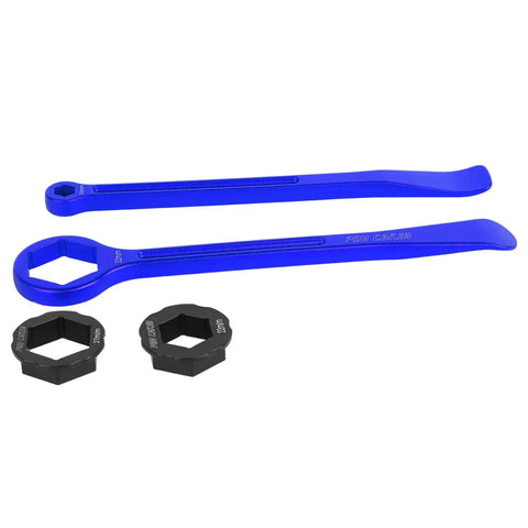 Universal Motorcycle Tire Change Kit With 10mm To 32mm Hex Wrench Levers shown with spanner heads in blue alloy