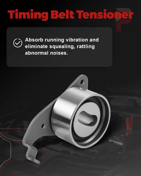 Thinking Process: timing belt tensioner pulley with metal bracket, shown front view for Subaru engine use