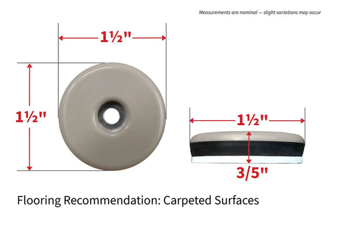 Four Pack Nail On 1 Inch Swivel Furniture Glides With Low Friction Base, shown front and side view, for carpet use.