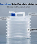Collapsible Water Container With Spigot And Foldable Accordion Design showing eco-friendly, leak-proof, and impact-resistant features.