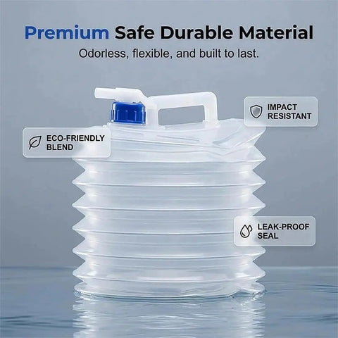 Collapsible Water Container With Spigot And Foldable Accordion Design showing eco-friendly, leak-proof, and impact-resistant features.