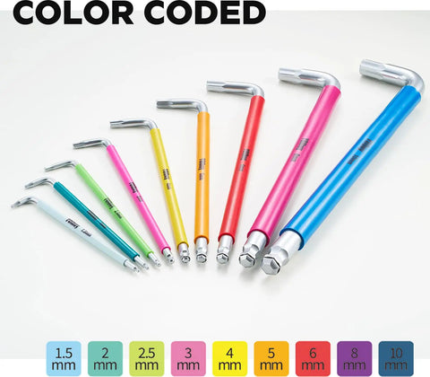 Long Arm 9 Piece Metric Hex Key Wrench Set With Anti Slip Ball End Color Coded SK2 Steel 1.5mm To 10mm Built Tough Pro Grade Hex Keys