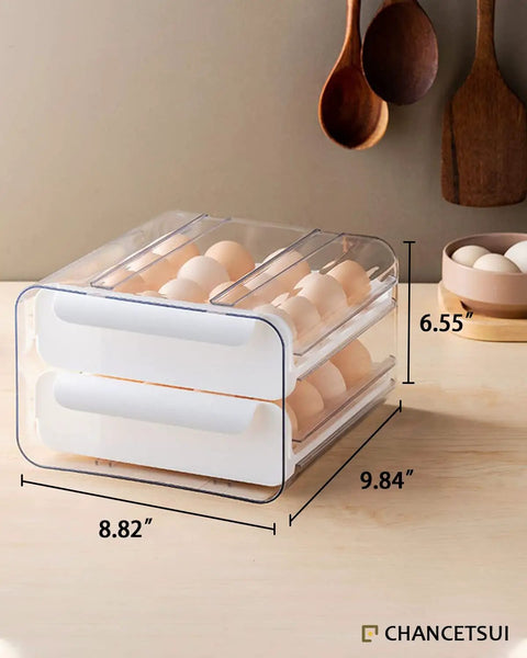 Double Layer Egg Holder For Refrigerator Large Capacity Egg Storage Container With Clear See Through Plastic Holds 32 Jumbo Eggs Easy Organizer For Fresh Kitchen, dimensions 9.84x8.82x6.55 inches.