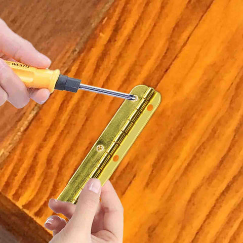 Pro Grade Mini Hinges 24 Pack Golden Finish 2 56 By 0 59 Inch Smooth Motion Hardware installed on wood with screwdriver.