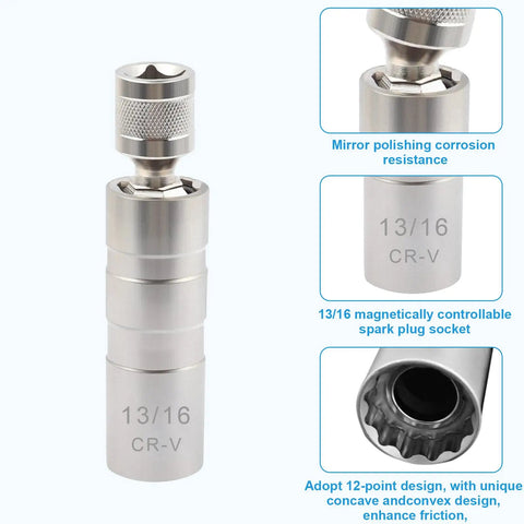 Thin Walled Magnetic Spark Plug Socket Set With Rotating 12 Point 13 16 Inch Size Three Eighth Inch Drive Universal Joint Swivel Tool