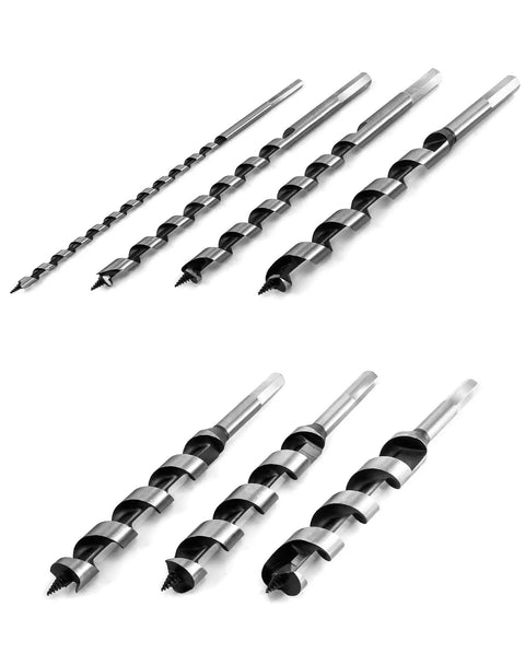 Heavy Duty 7 Piece Auger Drill Bit Set Featuring 9 Inch Hardened Alloy Steel Construction, showing various auger sizes.