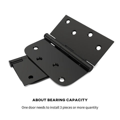 Pro Grade Matte Black Interior And Exterior Door Hinges, 4 inch iron hinge showing detailed design and screw holes.