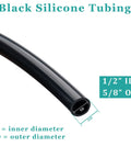 Side view of black silicone tubing showing 1/2 in ID and 5/8 in OD with cross-section labels.