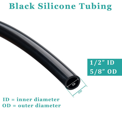 Side view of black silicone tubing showing 1/2 in ID and 5/8 in OD with cross-section labels.