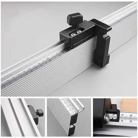 Rock Solid Aluminum Miter Gauge With Sleek Track Stop And Wide Adjustable Fence For Table Saws And Router Tables close-up view of measurement scale and stop mechanism.