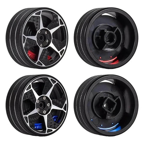 Upgrade Your Rc Game With This Dumborc Metal Steering Handwheel Transmitter Kit Featuring A Soft Brake Sponge Grip For Smoother Control Panel Refitting And Daily Remote Handle Mods On Multi Brand Controllers. Black metal RC steering wheel transmitter kit shown front and back views