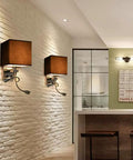 Totally Adjustable Swing Arm Wall Sconce With Soft Fabric Shade And Classic E27 Mount Smooth Painted Steel Frame in brown.