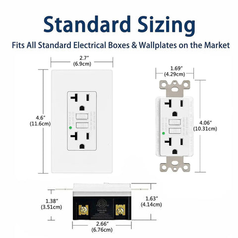 Top Shelf 100 Pack 20A GFCI Receptacles UL Certified And Built Tough For Everyday Jobs Non Tamper Resistant Indoor Wall Outlets showing standard sizing