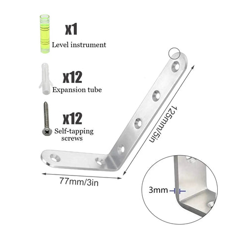 Super Sturdy Stainless Steel Shelf Brackets Rust Resistant Corner Support Panels with mounting hardware, 77mm x 75mm size.