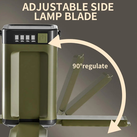 Portable IPX4 Waterproof Camping Lantern With 2000mAh Solar Charging showing adjustable 90-degree side lamp blade