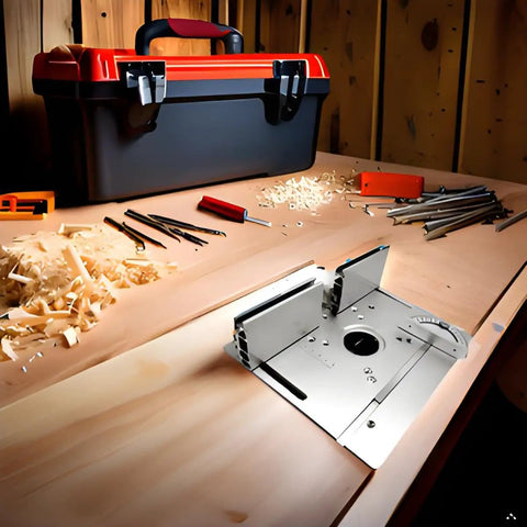 Top Shelf Aluminum Router Table Insert Plate Featuring Precision Accuracy Scale Hella Durable Aluminum Construction Perfect Fit For Custom Woodworking Bench Setups on workbench with tools.