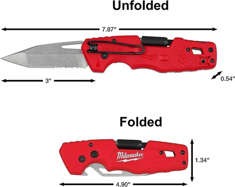 Red Black Folding Utility Knife With Multi Tool Bits And Stainless Tanto Blade, Reversible Phillips 2, shown unfolded and folded.