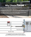 Diagram showing installation of Infrared Photo Eye Beam Sensor for auto gate openers, highlighting TC102 Photo Eye position and wiring.