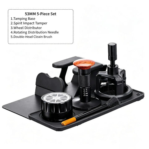 The Real Deal 5 Piece Espresso Tamping Station Kit With Spring Loaded Tamper Weighted Coffee Distributor WDT Needle Tool And Cleaning Brush Pro Barista Storage Base Universal Fit, black 53mm set.