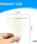 Image of a 50 Pack Disposable Paper Oil Funnels for Cars and Home, shown as a single 6oz funnel with measurements of 3.35 inch diameter.