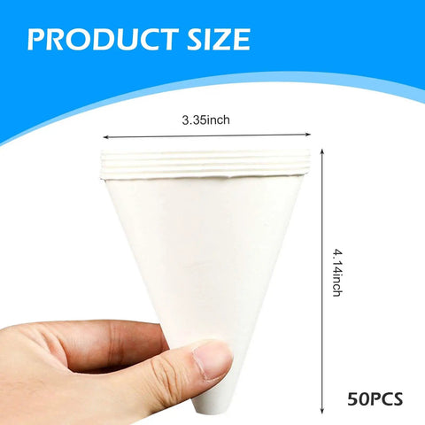 Image of a 50 Pack Disposable Paper Oil Funnels for Cars and Home, shown as a single 6oz funnel with measurements of 3.35 inch diameter.