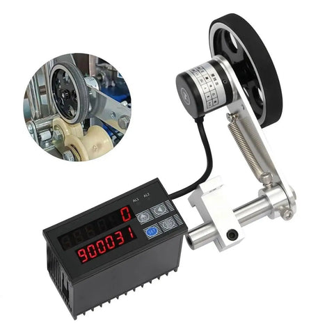 Heavy Duty Slick Digital Length Counter Measuring Wheel With Encoder And Dual Relay Output Boasts Smooth Power Off Memory For Effortless Cable Wire Rope Tracking Jobs with rubber wheel and digital display.