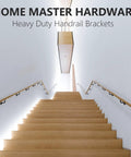 Image of Heavy Duty Hand Rail Bracket Set 6 Pack For Stairs And Banisters, Matte Black Zinc Alloy Wall Mounts installed on a staircase.