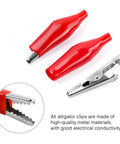 Heavy Duty 60 Piece Metal Alligator Clip Set With Badass Grip For Wiring Soldering Gluing And Quick Electrical Fixes Around The Shop Or Garage Rig When You Just Gotta Get It Done Fast - close-up of red insulated alligator clips.