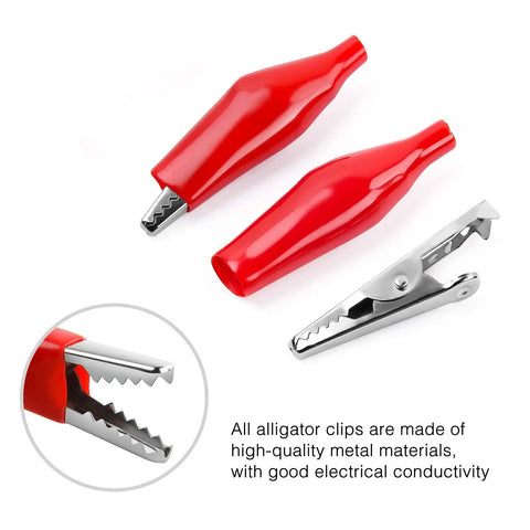 Heavy Duty 60 Piece Metal Alligator Clip Set With Badass Grip For Wiring Soldering Gluing And Quick Electrical Fixes Around The Shop Or Garage Rig When You Just Gotta Get It Done Fast - close-up of red insulated alligator clips.