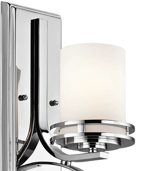 Hendrik 12 Inch One Light Wall Sconce In Satin Etched Cased Opal Glass Chrome Finish, side view, chrome wall mount detail