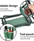 Garden Kneeler Seat With Upgraded Thick Kneeling Pad And Large Tool Pouch Foldable Stool shown folded with tools inside pouch.