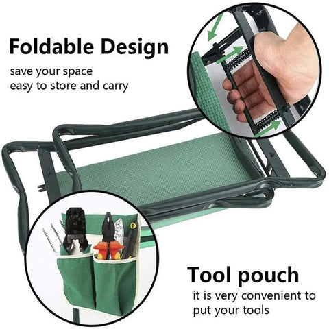 Garden Kneeler Seat With Upgraded Thick Kneeling Pad And Large Tool Pouch Foldable Stool shown folded with tools inside pouch.