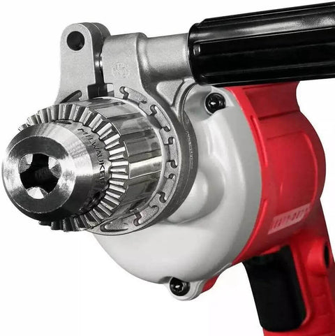 Close-up of the keyed chuck on the Heavy Duty Corded Power Drill With Beast Mode 8 Amp Motor Delivering Up To 850 Rpm.