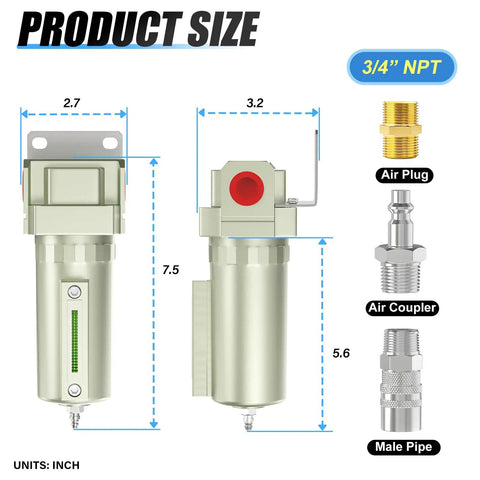 Dimensions of Slick 3/4 Inch NPT Aluminum Air Compressor Moisture Filter With Desiccant Drying System And 5 Micron Cartridge.
