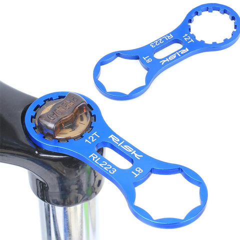 Pro Grade Aluminum Cap Removal And Installation Wrench For Front Fork Caps, shown on SR Suntour XCR fork, T6 treated alloy blue tool