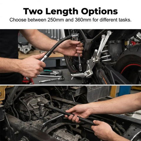 Two length options of 1/2 Inch Flexible Shaft Extension Tool For Tight Spaces, Handy Torque Socket Extender And Portable Hand Drive Kit, 2026 Upgraded Ratchet Spanner Alternative For Automotive Repair In Hard To Reach Areas, 2 Pack in use during automotive repair.