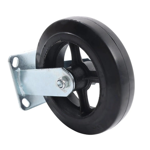Heavy Duty Rigid Caster Wheels Eight Inch By Two Inch Featuring Rubber Tires And Solid Cast Iron Cores for industrial use on hard floors.