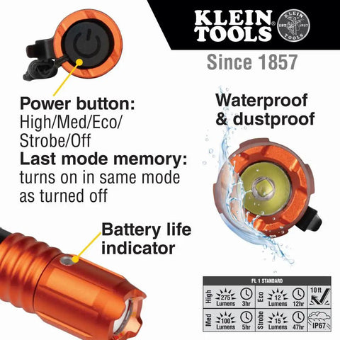 Rechargeable Pocket Flashlight With Dual-Direction Clip, 275 Lumen High Power showing power button, waterproof design, battery indicator.