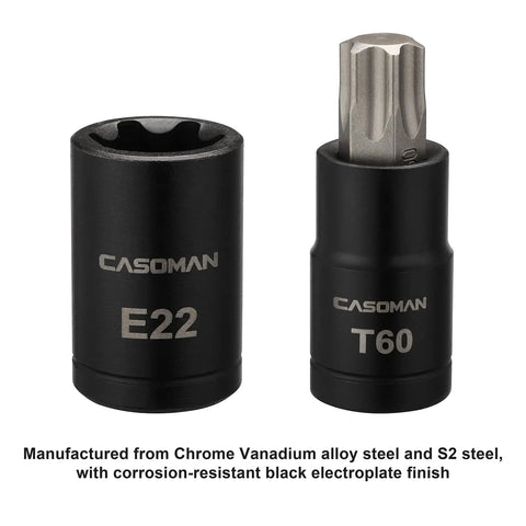 Heavy Duty Torx Bit Socket Set With 25 Pieces And External Sockets, T60 Torx bit and E22 ETorx socket, chrome vanadium steel