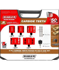Eight Piece Carbide Tooth Rough In Hole Saw Kit Built For Zero Sweat Cutting And Flawless Drywall Removal Beefed Up Contractor Grade Tool with 5 saws and mandrel.
