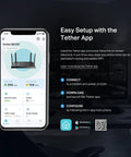 Archer BE230 WiFi 7 Router interface on phone with setup instructions and app download options