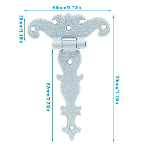 4 Pieces T Strap Hinges Set 4.45 Inch By 2.72 Inch Antique White Tee Hinge with decorative detail, zinc alloy material, with dimensions