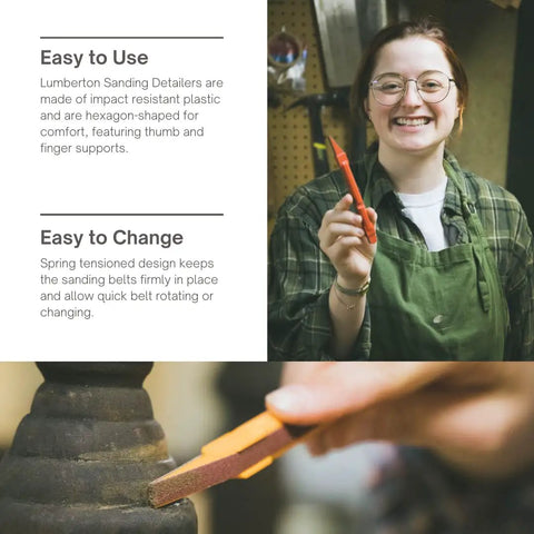 Person using Sanding Detailer Kit With 5 Color Coded Sticks And 2 Extra Replacement Belts Per Stick In 120 240 320 400 600 Grit