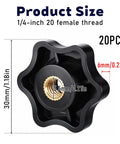 Top Shelf Set 20 Piece Slick Star Knob T Track Bolts With Quarter Inch Female Thread Hexagon Head For Woodworking Jigs Lawnmowers And Patio Umbrellas Easy Grip Solid Clamp Hardware In Matte Black, 30mm star knob with female thread.